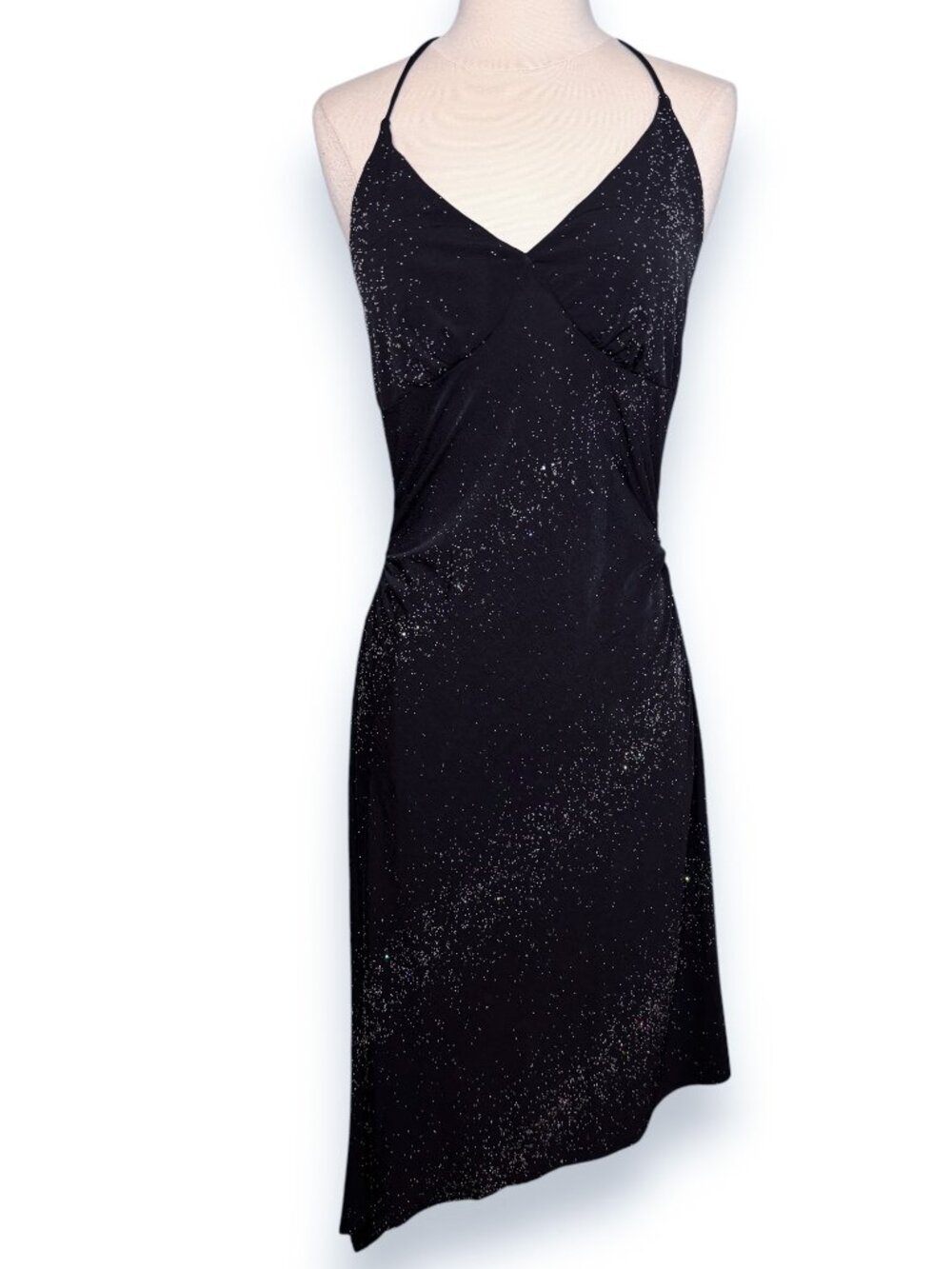 Wet Seal Y2K Vintage Black Asymmetrical Rhinestone Halter Dress Made in USA Sz M
